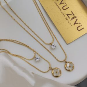 ANTI TARNISH WHITE STONE CLOVER LAYER NECKLACE